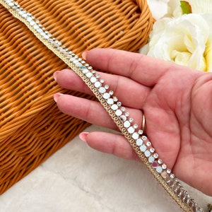3 Yards Golden Narrow Trim Lace Stone Real Mirrors Embellished Zari Trim Indian Embroidered Lace, Hand Beaded Border Sewing Craft 1.2 Cm