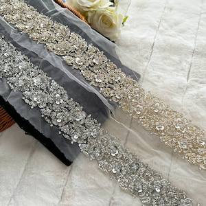 1 mètre or/argent Cutdana sequins perles bordure florale brodée à la main sequins perles orné de douches de mariée appliques ceinture 6 cm de large