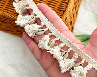 Cotton Tassel Cowrie Shell Trim, 3 Yard Boho Ribbon