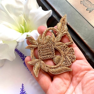 Latest Indian Gold Zardosi Floral Shaped Handmade Sewing Crafting Applique by the Pair  - vik39/3 r1 4B