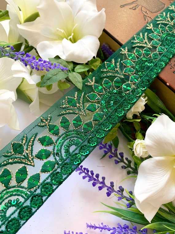 Bottle Green Indian Gold Zari Sequin Embroidered Velvet lace Trim, Border,  Sari , Dupatta Lace, Craft, Fabric Lace, 4 cm K9878LM-52 R2 4A