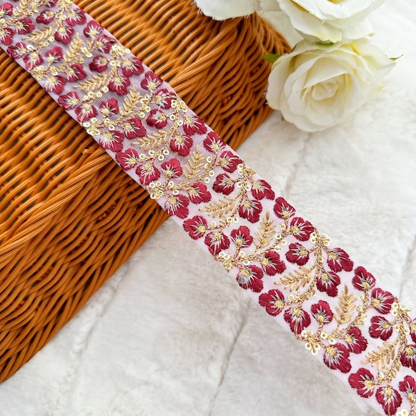 Wein-Kastanien-Blumen bestickte Borte: 9,5 Yard Pailletten Sari Band