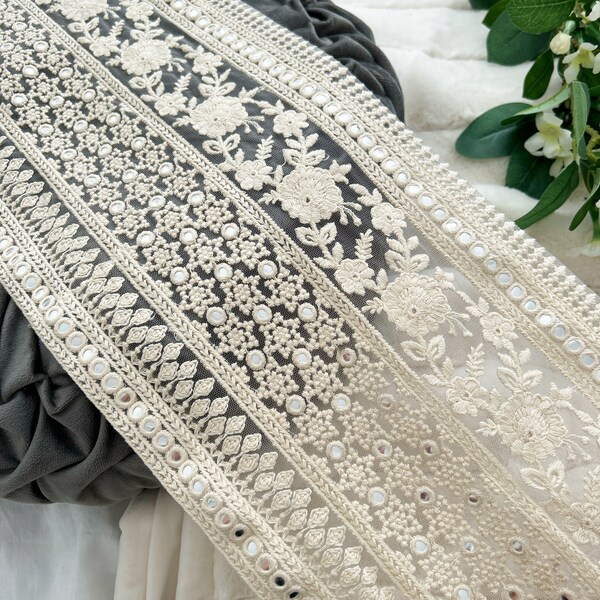 1 Yard White Cream Mirror Embellished Embroidered Indian Sari Border Bridal Veil Dupatta Lace Sewing Net Fabric Trim Crafting Trim