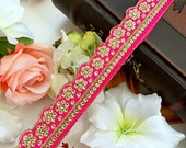 Pink Indian Gold Sequin Cutwork Colour Fabric ,Costume Crafting Trim for Bridal Dupatta,Sari Border Lace 9 Yards , 3.5 cm Wide