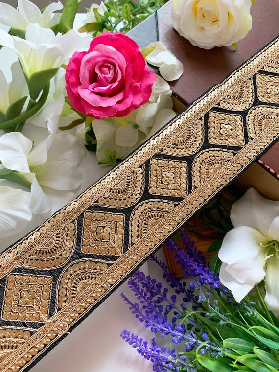 4.60 Yards Black Indian Gold Zari Sequin Embroidered Velvet lace Trim Border Sari Border Dupatta Lace Craft Fabric Lace 7.3 cm 9382lm