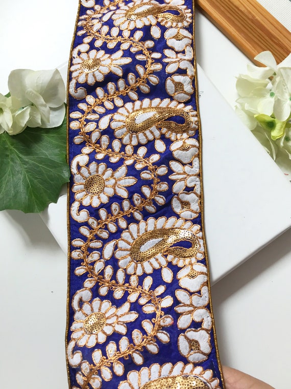 4 Wide Metallic Jaquard Sewing Trim From India Royal Blue Brocade 2.5 Yards