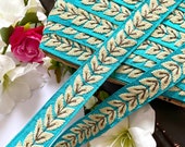 9 Yards Turquoise Blue Embroidered leaf Wine Vintage Sewing Embellished Crafting Cushion Sash Lace Trim Border 3 Cm wide
