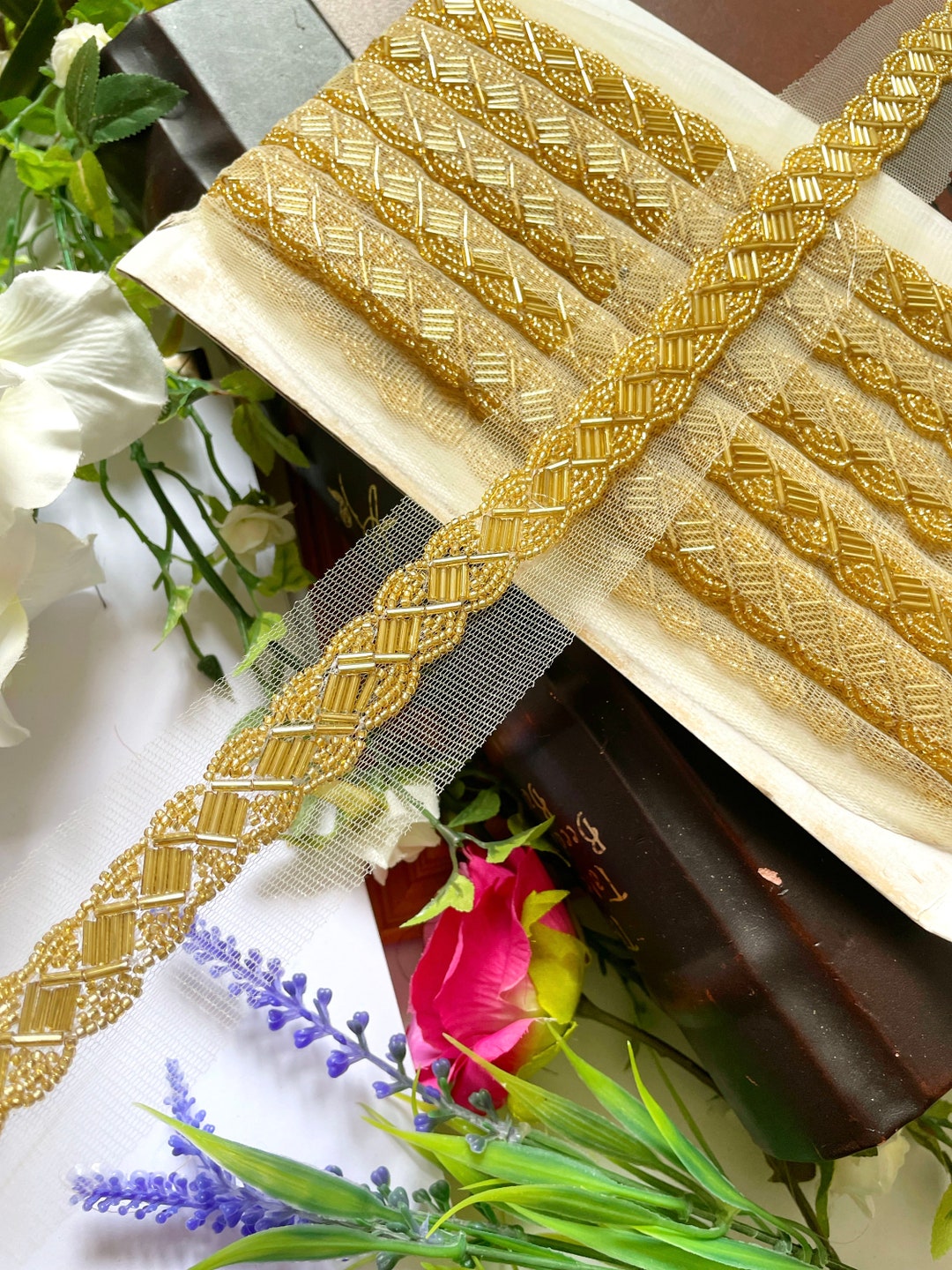 1 Yard Indian Gold Beaded Trim Decorative Ribbon Wedding Dress Etsy