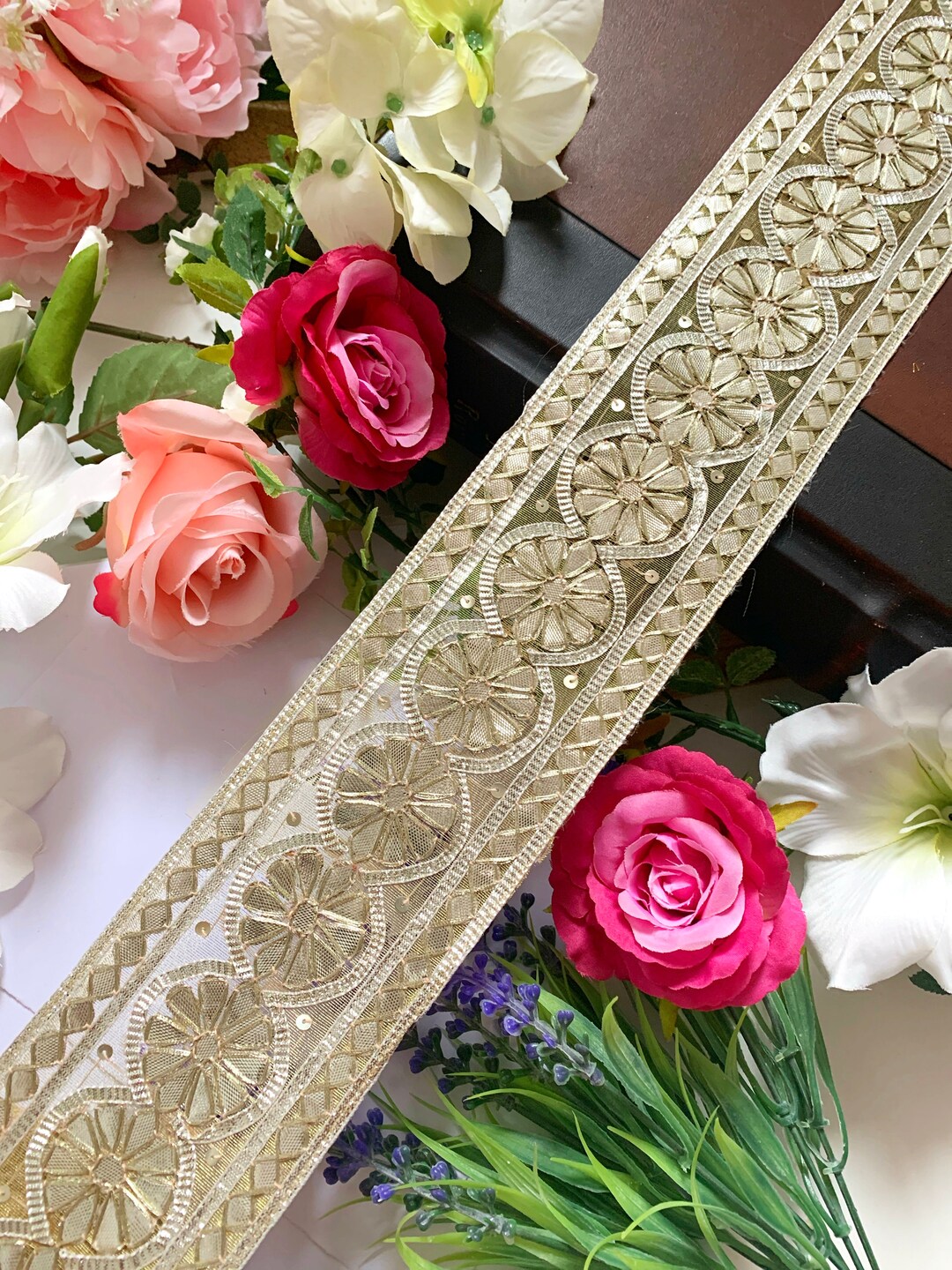 1 Yard Pale Gold Gota Sequin Embroidered Trimming Edging Saree Dupatta