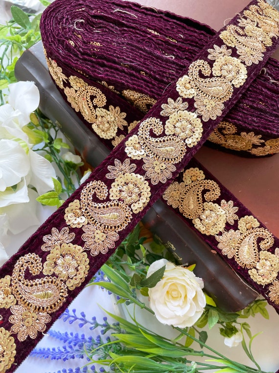 2.80 Yards Bridal Wine and Golden Indian Zari Rose Gold Colour Velvet  Fabric Saree Lace Embellishment Trim Border - Width 5.2 cm