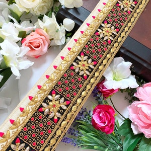 Elegant Cream Indian Golden Zari Trim, Pink Floral Embroidered Work lace Trim,Golden Foil  Border,Sari Border, Craft,11 cm Wide, Per Yard