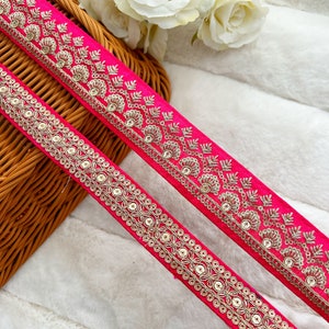 9.5 Yards Rani Pink Indian Bridal Golden Zari Sequin Embellished Sash Dupatta Sari Border Saree Ribbon Sewing Fabric Trim Crafting Trim
