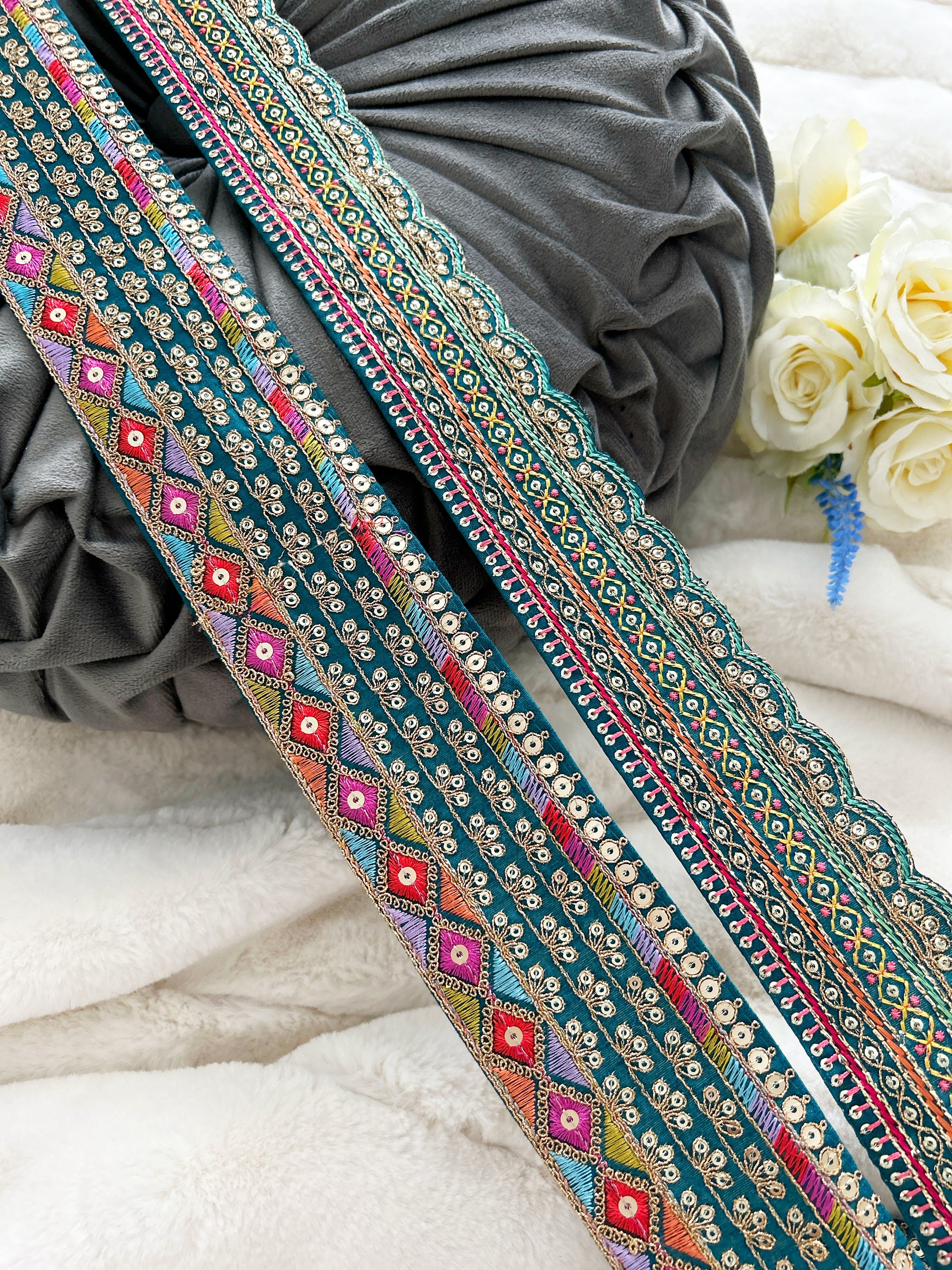 Rama Green Embroidered Saree Border: Indian Zari Sequin Trim (9.5 Yards ...