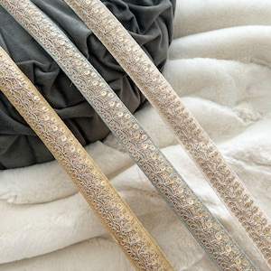 9.5 Yards Fone/ Grey/ Cream Indian Gold Zari  Sequin Embellished Embroidered  lace Trim Border Sari  Dupatta Lace Crafting Fabric Lace