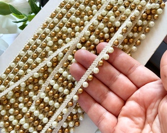 Indian Ribbon Gold Decorative Trim Matt Gold Beaded Trim Matt Gold Pearl Trim Bridal Wear Embellishment Indian Trim