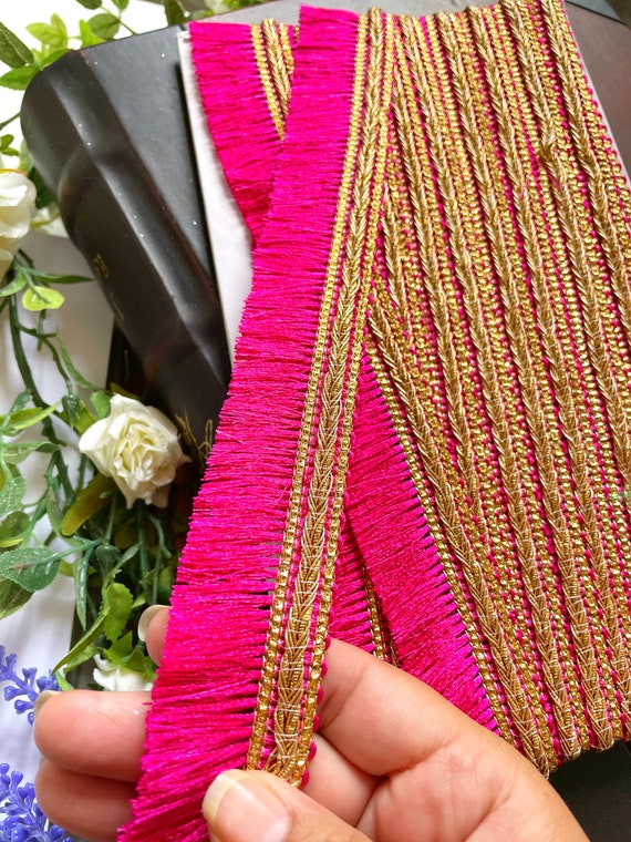 Pink Indian Tassel Fringe Trim Border Argent Paillettes 1 m