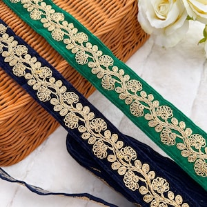 9.5 Yard Indian Green/ Navy Blue Velvet Fabric Sewing Trim Embellished Sari Crafting Border Indian Embroidery Cushion Lace Home Decor 3.8 Cm