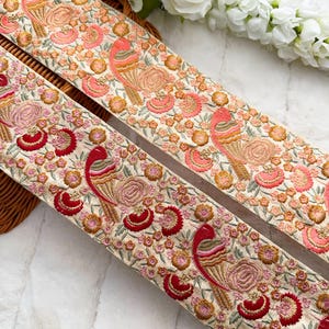 1 jarda de vestido dupatta indiano com zari, pêssego/marrom, bordado, pássaro, costura, artesanato, renda, tecido, fantasia decorativa, bolsa de praia
