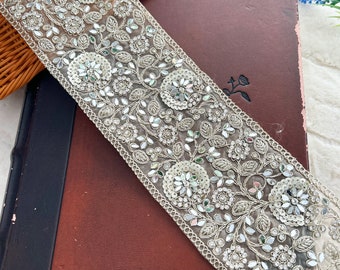 2.35 Yards Pale Gold Indian Sequin Pearl Mirror Embellished Embroidered Net Fabric Bridal Sewing Trim Sari Dupatta Lace Trim 10 Cm Wide