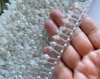 1 Yard  White Indian Acrylic Faceted Crystal Beaded Tassel Fringe Lace Trim Costume Curtain Upholstery Sewing 2 cm