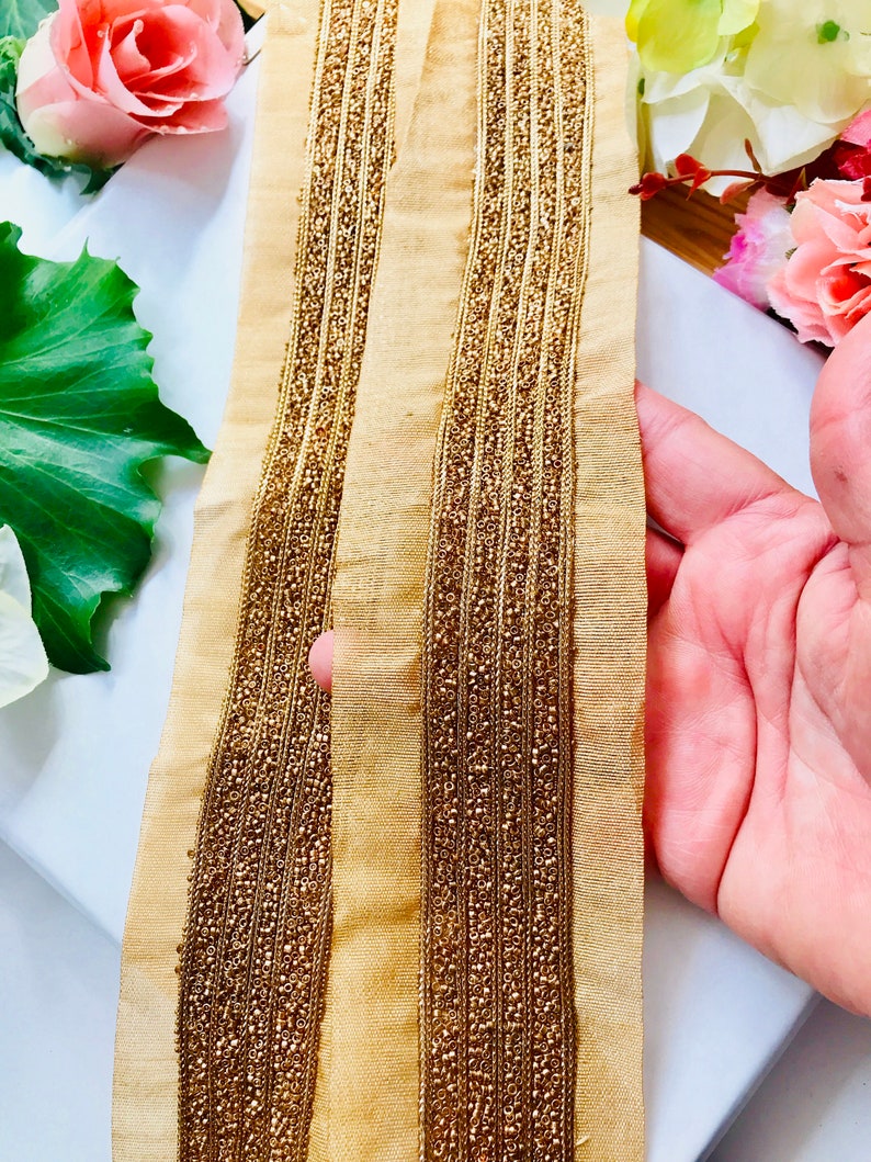 Gold Seed Beads Lace Saree Border Trim for Headdress Pearl Trim Indian Lace Indian Trim Holiday Decoration 1 Yard LM2019#502