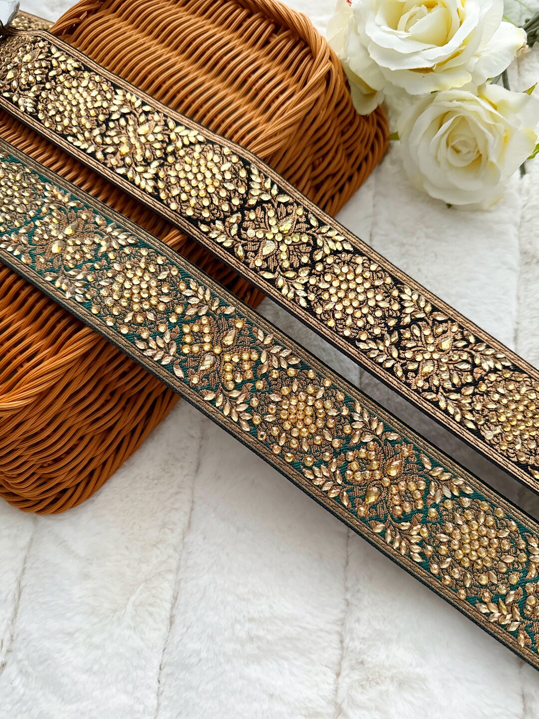 1 Yard Rama Green/black Golden Indian Zari Stone Embellished Brocade ...