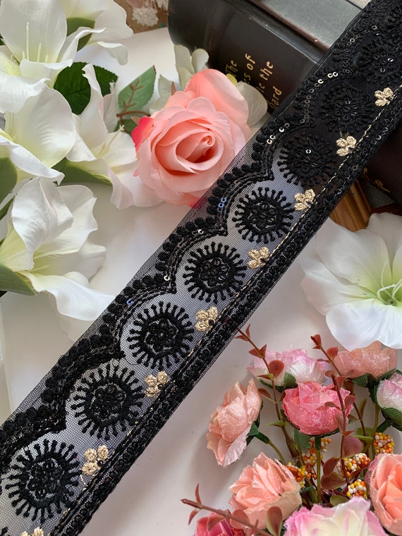 Black with Cream Embroidery SequinsFloral Net Trim Ribbon | Etsy