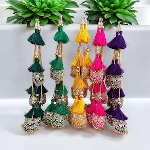 1 Pair Indian Bottle Green/Green/Pink/Yellow/Purple Sequin Cutdana Fringe Embellished Multi String Bridal Tassel Lehanga Sewing Latkan