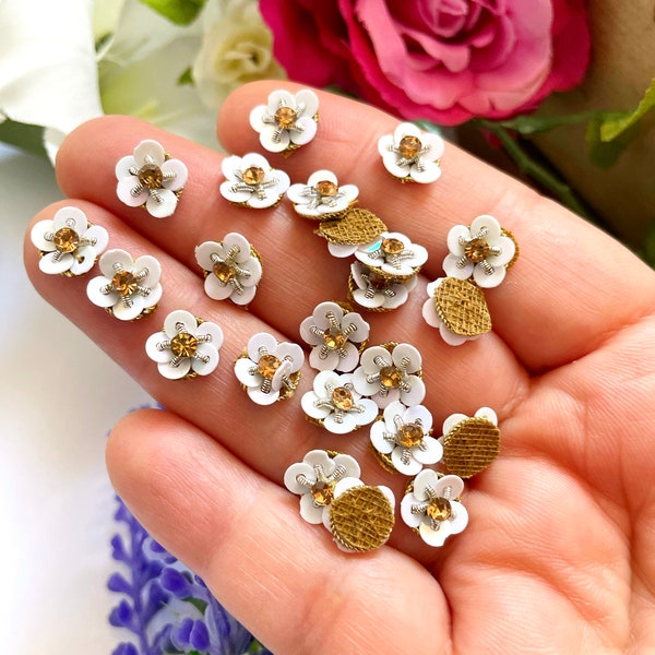 50 Tiny White Flower shaped Indian Appliques, Embroidery Rhinestone Golden Applique, Beaded Bridal Appliques, Headband Appliques