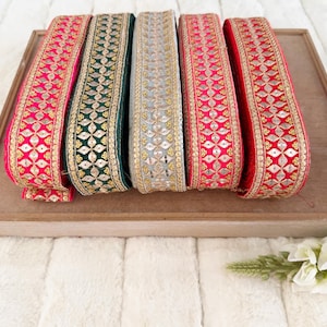 9.5 Yards Rani Pink/B Green/Grey/Gajri Pink/ Red Indian Gold Zari Sequin Embellished Embroidered Dupatta Sari Border lace Trim Indian 4.6 Cm