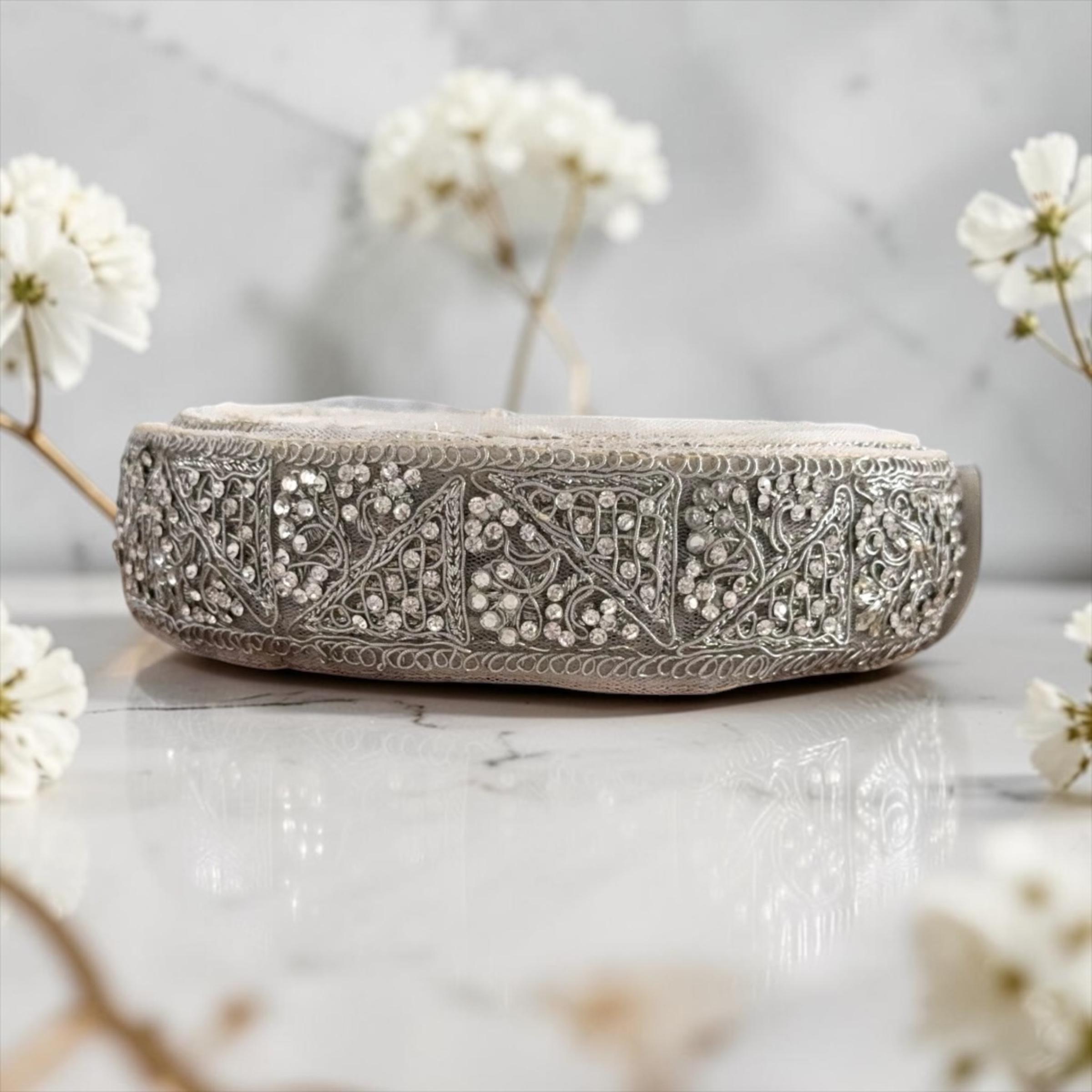 4.7cm Silver Zari Net Trim | 3 Yards | Stone Embellished Indian Floral ...