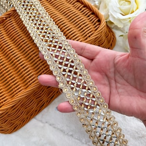 Écharpe de mariée Shampion ornée de pierres dorées, bordure en Dupatta, bordure en sari, bordure en tissu, bordure indienne, largeur 4,2 cm, prix pour 1 mètre