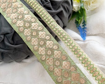 9.5 Yards Indian Pista Green Zari Sequin Embellished Trim Embroidered Saree Sari Cushions Sewing Crafting Trimmings Curtains Border