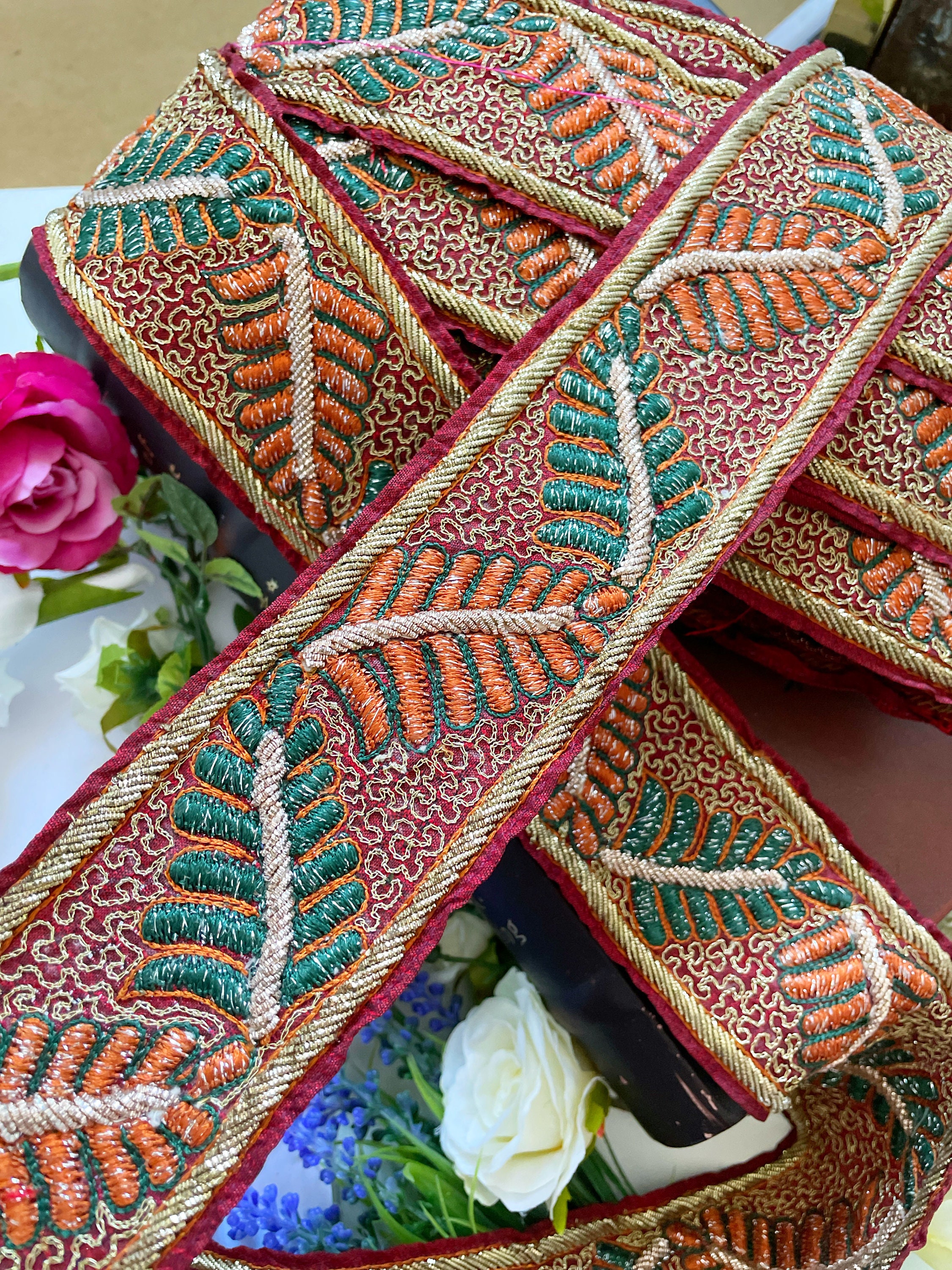 Vintage Saree Border Indian Craft Trim Hand Beaded Embroidered Ribbon Lace Rust Vintage Saree Border Indian Craft Trim Hand Beaded Embroidered Ribbon Lace Rust