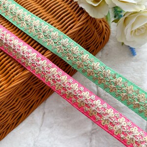 9,5 yardas de sari indio bordado con lentejuelas verde pistacho/rosa gajri, cojines, decoración del hogar, encaje para coser disfraces, ribete de 3 cm de ancho
