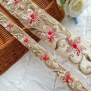 9,5 Yards Indian Fone Rot Netz Stoff Pailletten Verziert Bestickt Blumen Kleid Nähen Kostüm Tasche Hut Basteln Spitzenbesatz