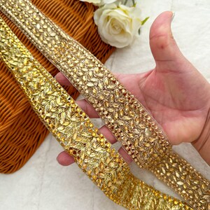 9 Yards Indian Rose Gold/ Gold Gota Stone Embellished Sewing Crafting Sash Bridal Dupatta Lace Trim -Width 4.2 Cm