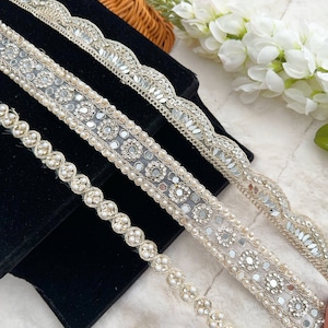 3 Yards Indian Bridal Pale Gold Stone Pearl Sequin Embellished Embroidered Dupatta Costume Dress Sewing Lace Trim 1.4 Cm - 2.5 Cm Wide