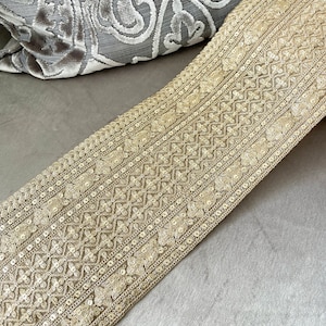 1 Yard Indian Net Zari Sequin Antique Gold Wide Floral Bridal Sewing Crafting Lace Trim Applique Sash 6.37 Inch Wide