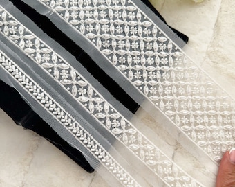 White Embroidered Pearl Lace Trim: Indian Bridal Dupatta Fabric 1 Yard