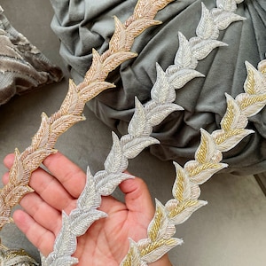 1 Yard Cutwork Cutdana Zardosi Leaf Trim Hand Embroidered Trim Diamante Beads Bridal Showers Bridal Applique Sash 3.3 Cm Wide