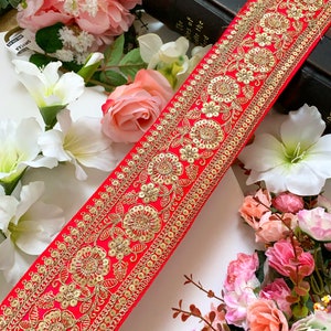 Elegant Gajri Pink Bridal Golden Zari Sequin work Dupatta Sari Border lace Trim Indian - Width 8 Cm Wide, 1 Yard