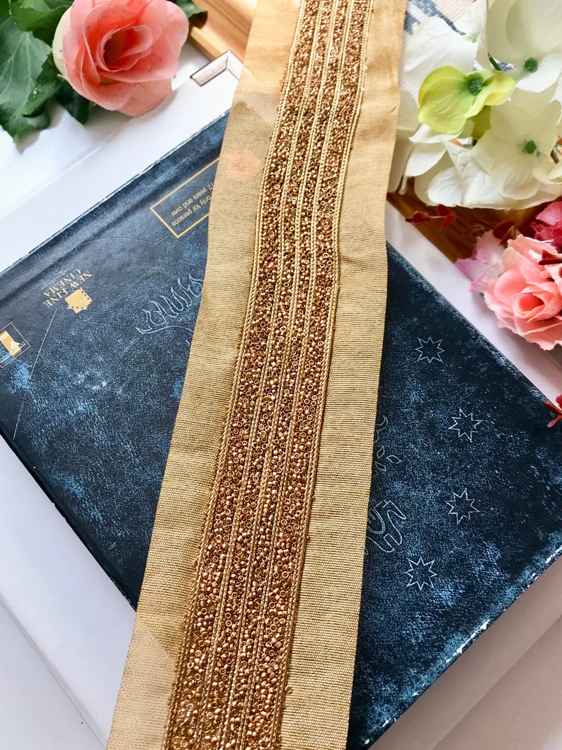 Gold Seed Beads Lace Saree Border Trim for Headdress Pearl Trim Indian Lace Indian Trim Holiday Decoration 1 Yard LM2019#502