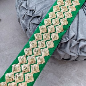 9,5 jardas de lantejoulas verdes embelezadas Zari bordado vintage cachecol chapéu dupatta saree costura artesanato tecido de veludo acabamento em renda indiana