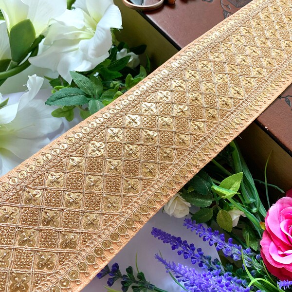 Peach Gold Zari Sequin Fabric Scarf Dupatta Border Dupatta Lace, Craft, Sewing Saree Indian Lace trim 7.9 Cm wide