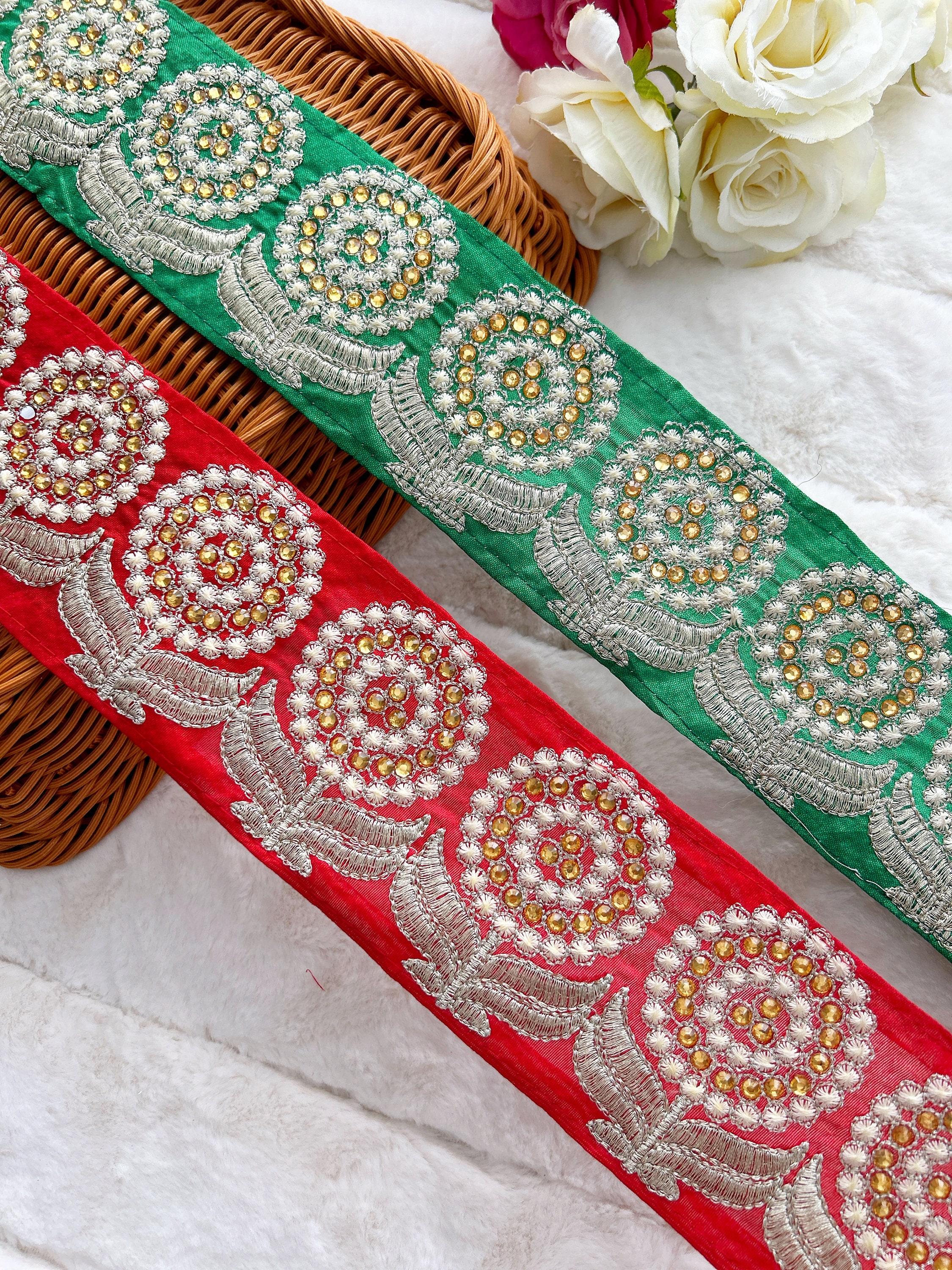 Stone Embellished Indian Lace Trim: Red & Green Sewing Border (7.8