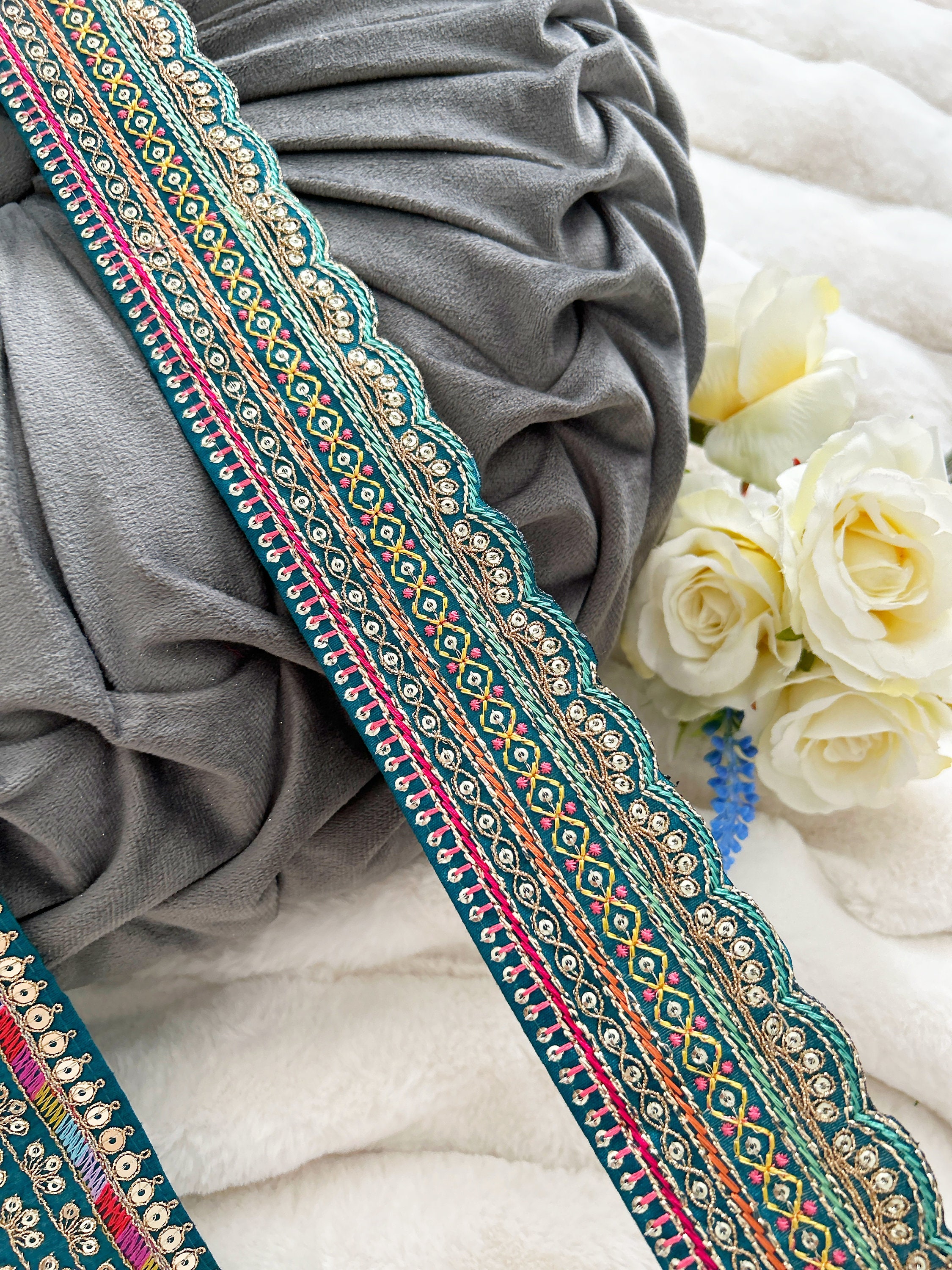 Rama Green Embroidered Saree Border: Indian Zari Sequin Trim (9.5 Yards ...