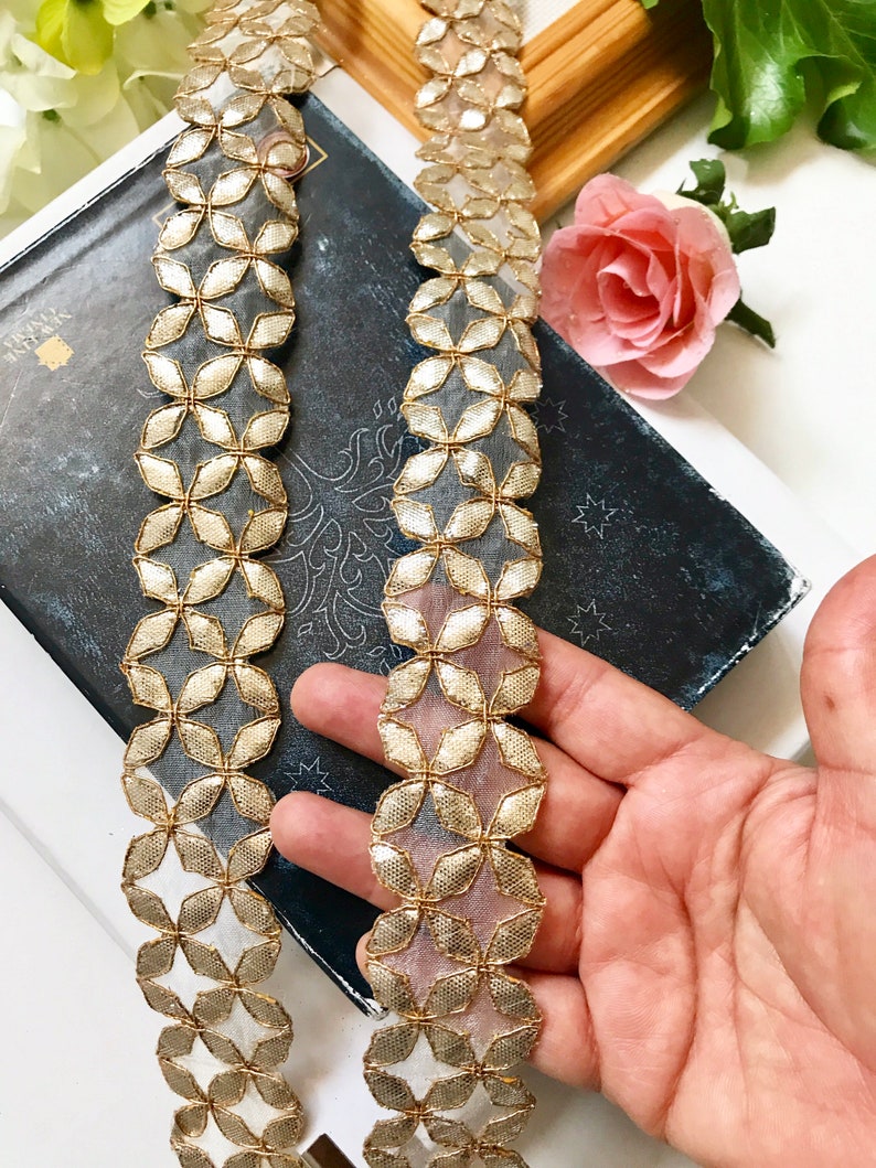 1 Meters Indian Sparkly GoldenZari work Kinari Border Ethenic Ribbon Trim Lace