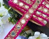 1 Yard Pink Velvet Zari Gold stone Diamante Badla Pearl Embellished, Vintage floral Lace, Sewing Crafting Embroidered Dress Lace