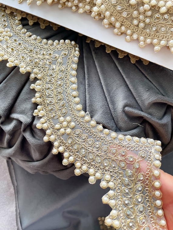 1 Yard Gold Indian Zari Crystal Stone Mirror Pearl Embellished Net Fabric  Trim Sari Dupatta Lace Trim Border, 11.5 Cm Wide 